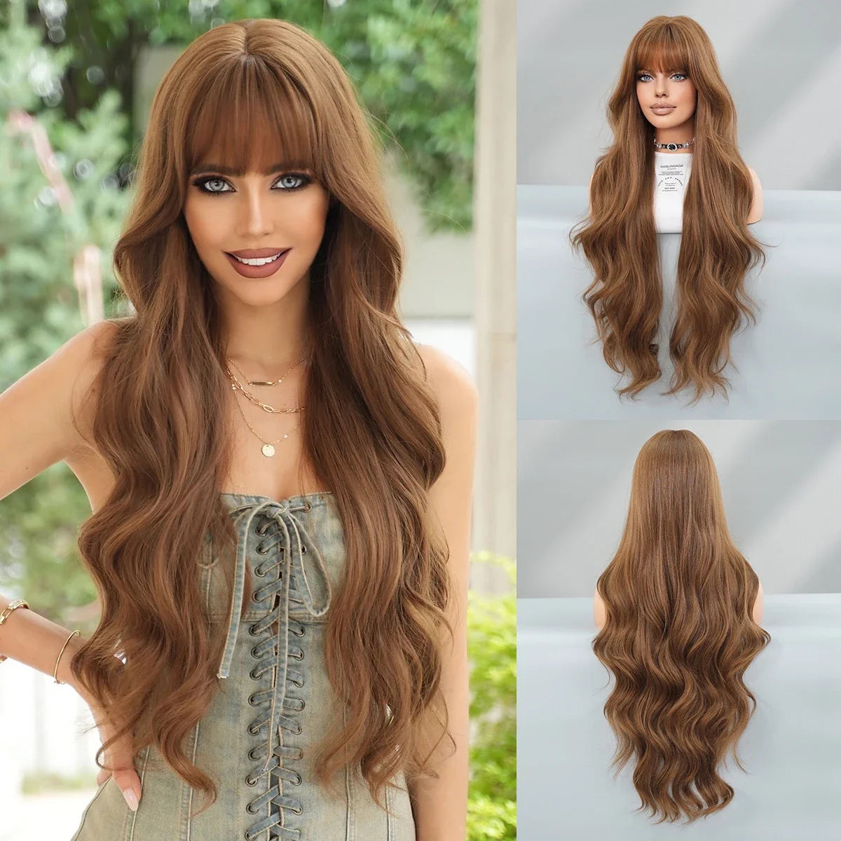 7JHH WIGS Synthetic Loose Wave Brown Wig with Dark Roots High Density Body Wavy Hair Wigs for Women Party Halloween Costume Wigs