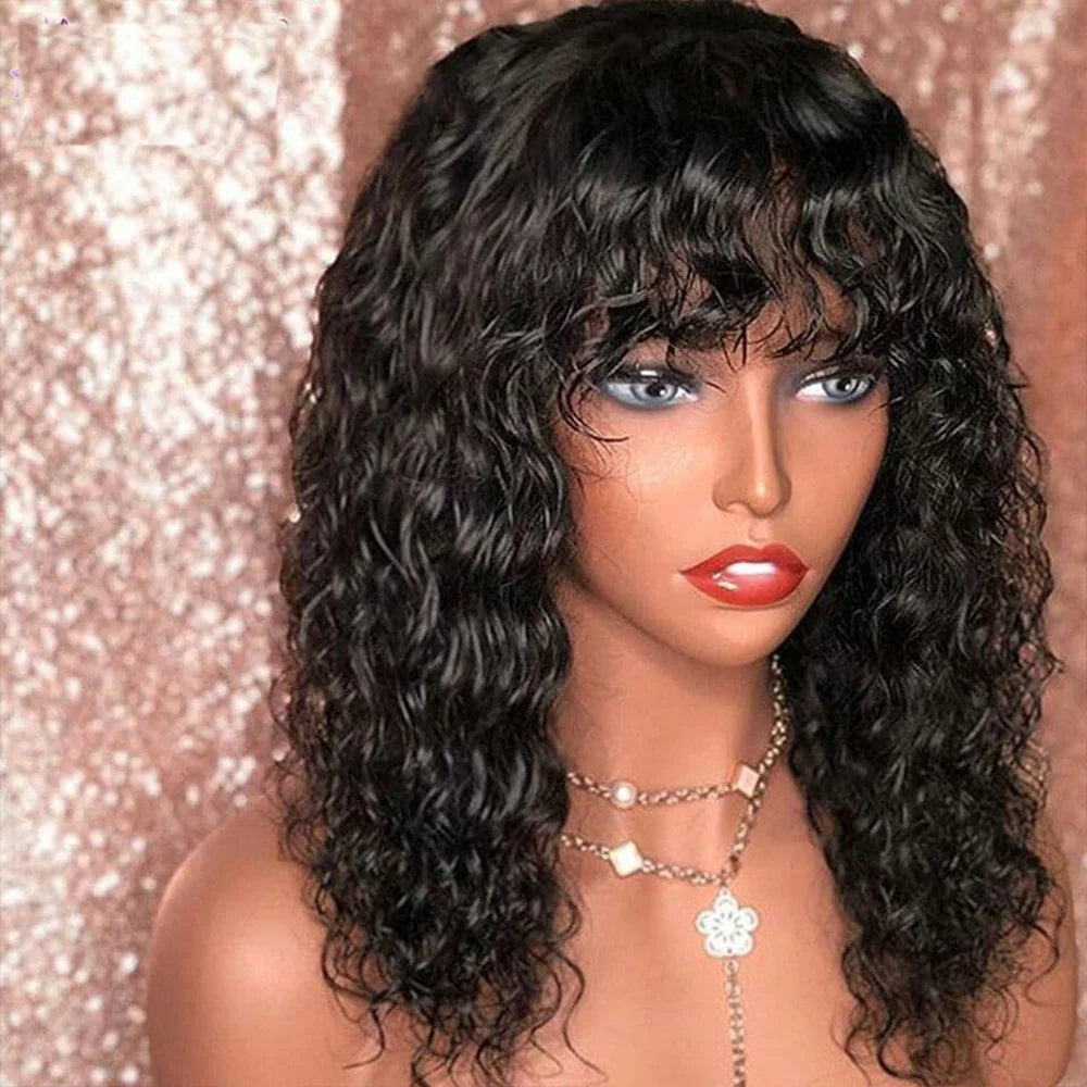 Curly Bob Wig With Bangs Short Bob Curly Wig for Women Natural Color Brazilian Human Hair Deep Wave Bob Wig With Bangs 16 Inch