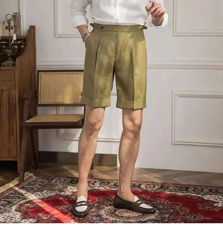 100% Linen Summer Straight Naples Shorts Men Solid Color Business Dress Pants Office Social Casual Slim Fit Shorts
