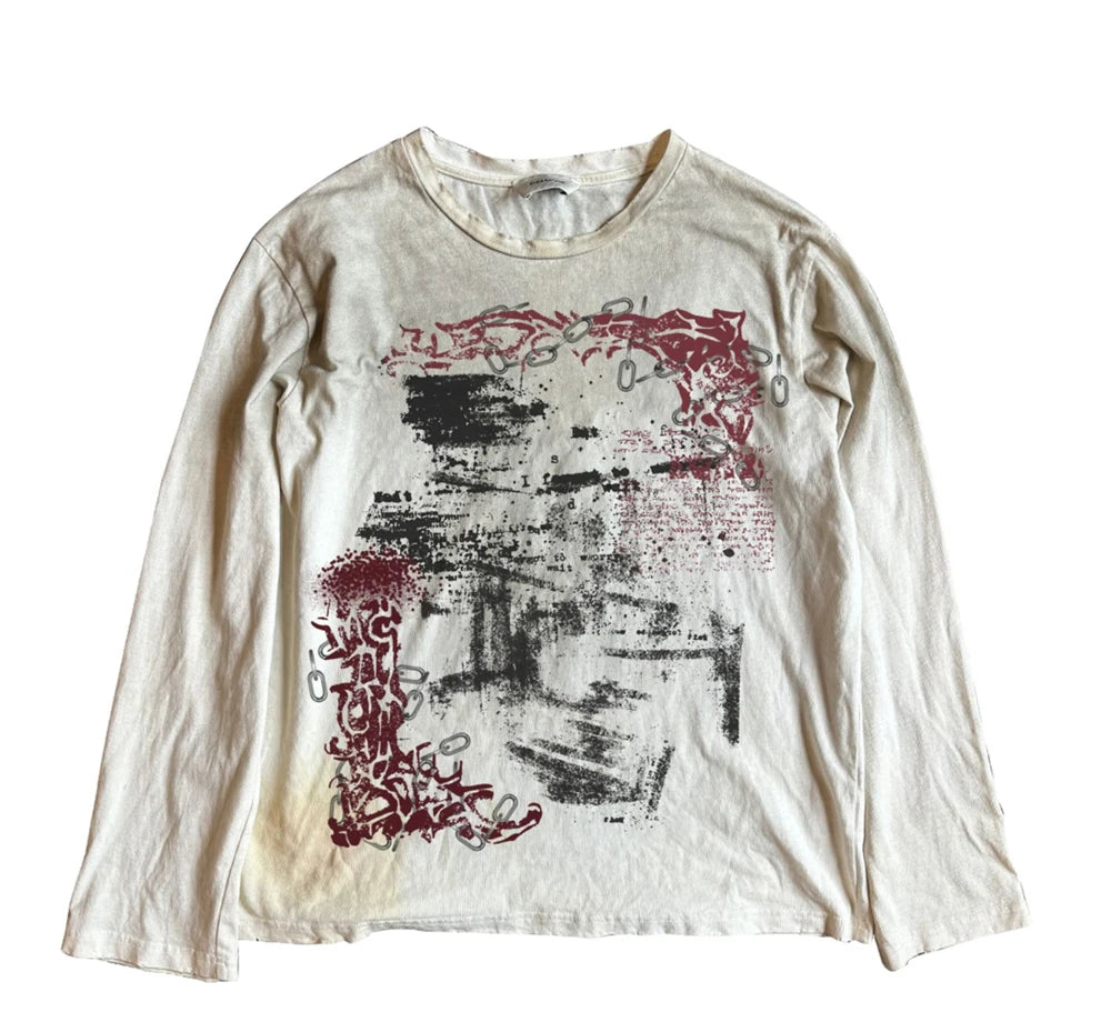 Vintage Washed Long Sleeves T-Shirt Summer Graffiti Printed Destroyed Dirty T Shirt Hip Hop Streetwear Cotton Tops Tees
