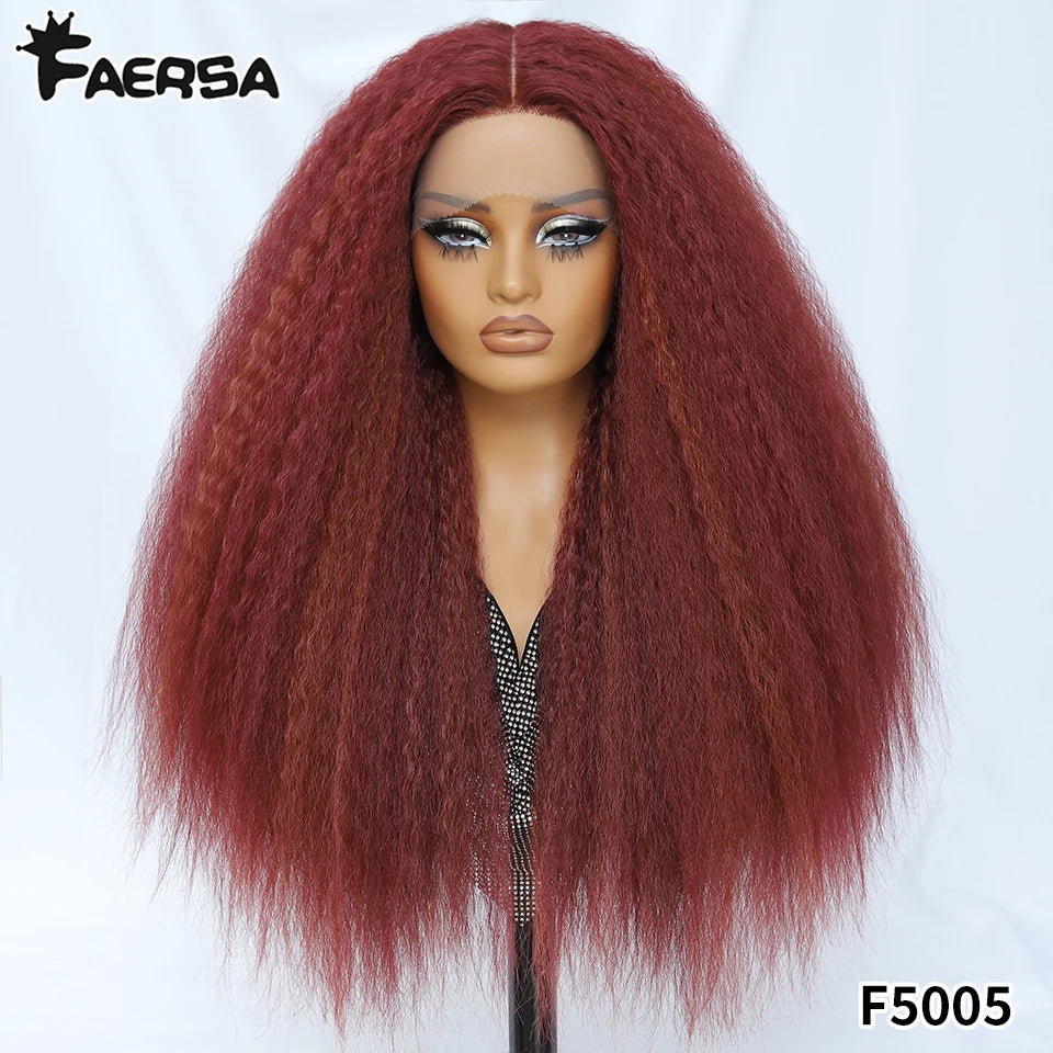 Kinky Straight Lace Front Wig T-Part 28Inch Synthetic 13x5x1 Long Lace Wigs Afro Yaki Straight Wigs Ombre Brown For Black Women