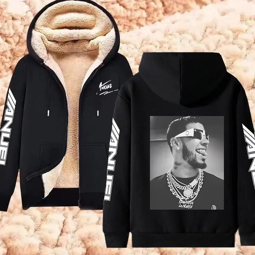 Anuel AA Printed Hoodies Real Hasta La Muerte Casual Zipper Jackets Thicken Lambswool Men Women Clothing Oversized Y2K Clothes