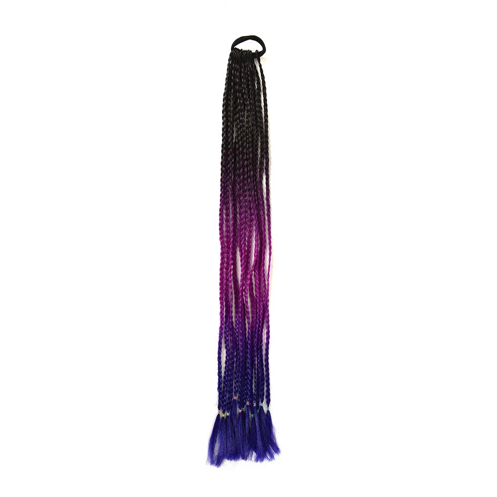 24inch Rubber Band Crochet Mixed Box Braids Plaited Ponytail Synthetic Gradient Dirty Braided Ponytail Hair Extensions for Kids