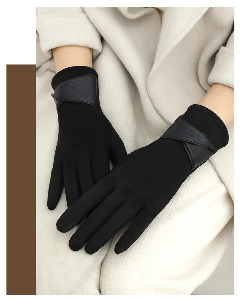 New Suede Gloves for Women Winter Plus Velvet Warm Commercial Style Temperament Bow Touch Screen Riding Driving