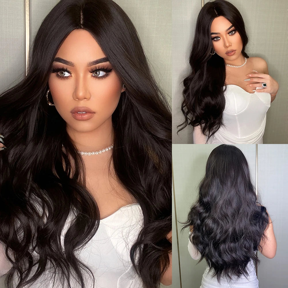 ALAN EATON Long Wave Dark Brown Synthetic Wigs for Black Women Middle Parted Wigs with Highlights Cosplay Hair Heat Resistant