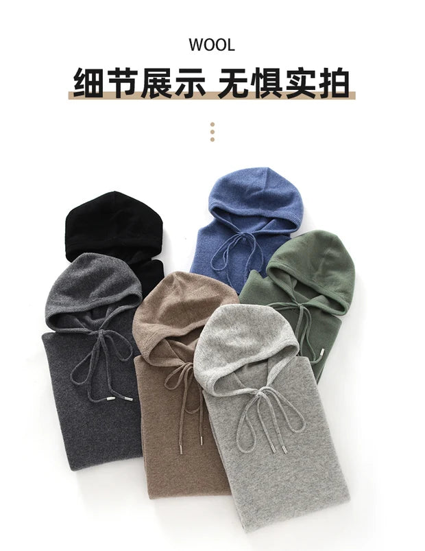 Men's Autumn Winter 100% Merino Wool Sweater Hooded Collar Knitted Pullover Cashmere Sweatshirt Casual Large Tops Long Sleeved