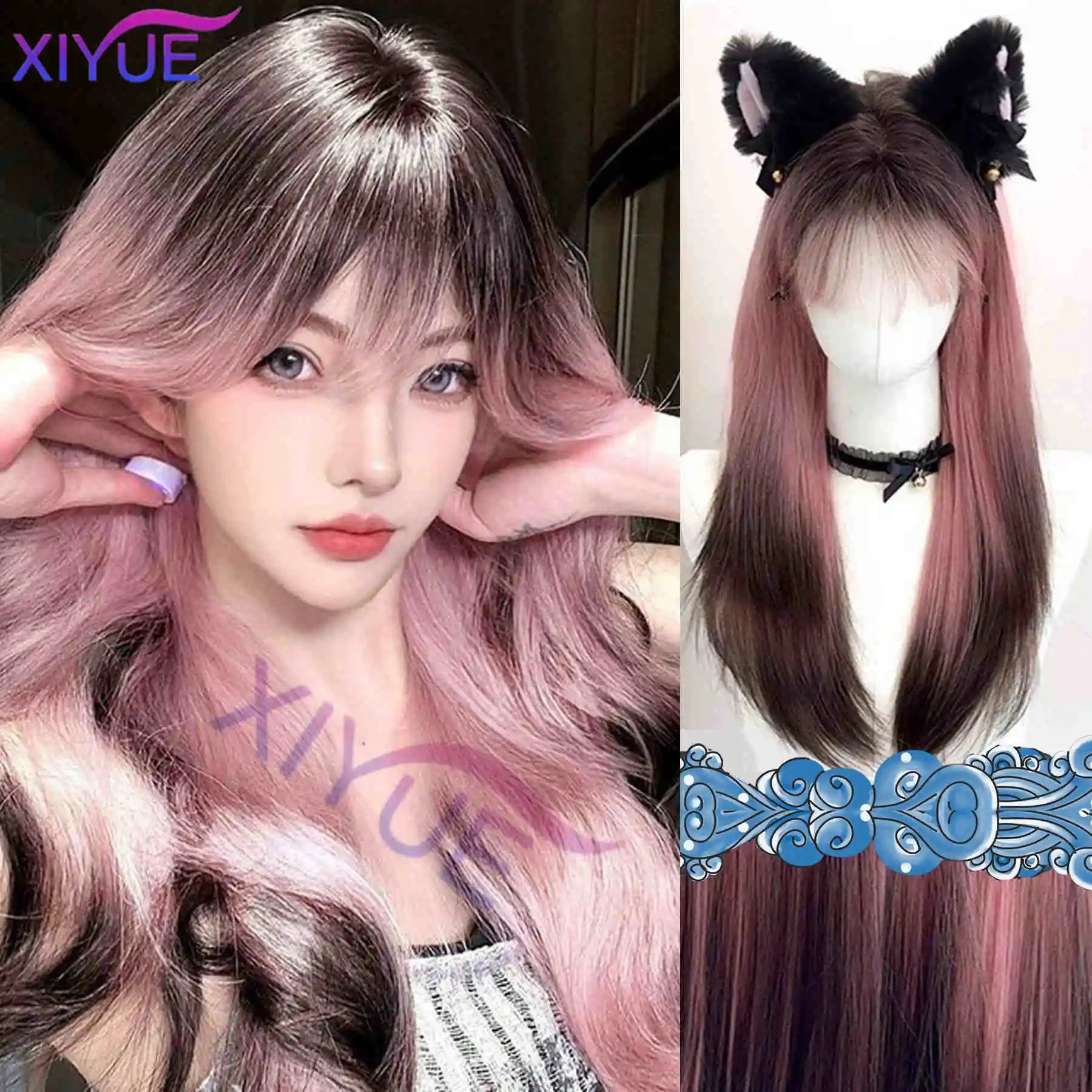 XIYUE Synthetic Lolita Long Anime Curly Wigs Hair Black Pick Blue Cosplay Wig Heat-Resisting Fiber Hair Wigs For Women