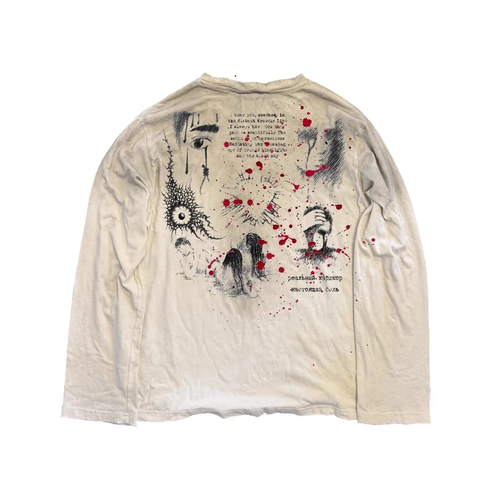 Vintage Washed Long Sleeves T-Shirt Summer Graffiti Printed Destroyed Dirty T Shirt Hip Hop Streetwear Cotton Tops Tees