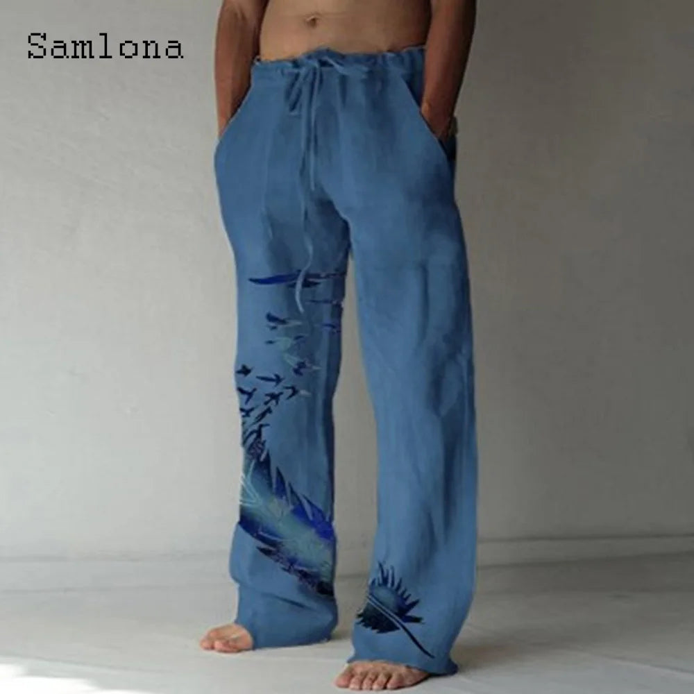 Samlona 2025 Men's Pocket Design Linen Pants Drawstring Loose Trouser Plus Size 3xl Mens Fashion Birds Feather Print Sweatpants