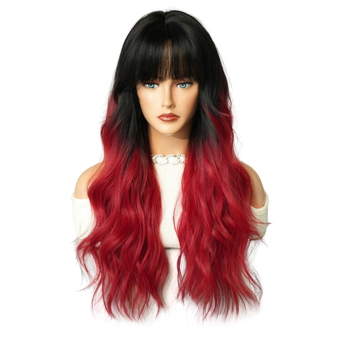 NAMM Long Wavy Ombre Black To Red Wig for Women Daily Cosplay Party Synthetic Lavender Hair Wig with Fluffy Bangs Heat Resistant