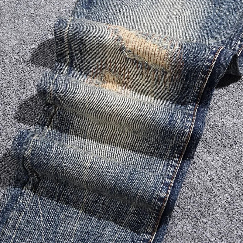 2023 Spring and Autumn New Classic Fashion Solid Color Ripped Small Foot Pants Men's Casual Comfort Elastic High Quality Jeans