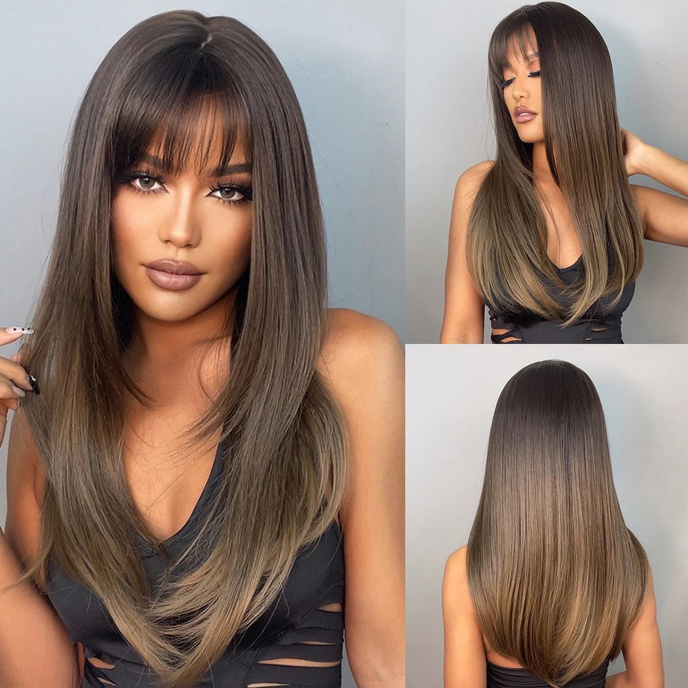 ALAN EATON Long Straight Layered Synthetic Wigs with Bangs Blonde Highlights on Brown Wigs for Black Women Afro Daily Party Hair