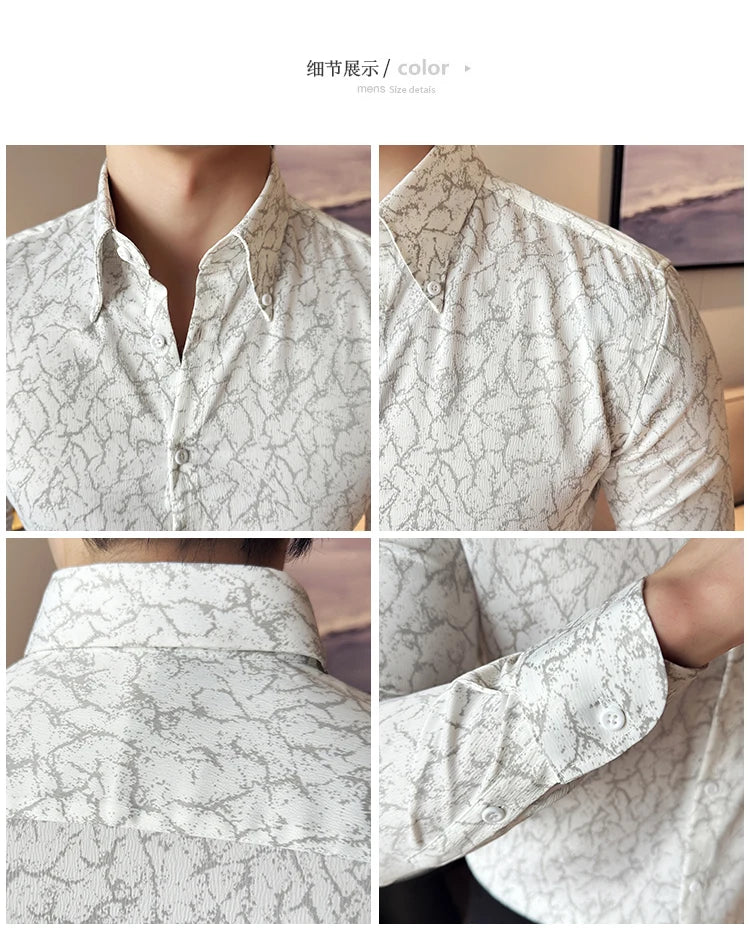 Men Dress Shirt 2024 Solid Casual Long Sleeve Slim Fit Print Shirt Fashion Formal Social Banquet Tuxedo Wedding Men Clothing