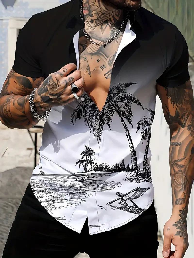 2024 Men's Fashion Short Sleeve Button Up Shirt - Flip Collar Summer Hawaiian Beach Shirt Comfortable High Quality Fabric