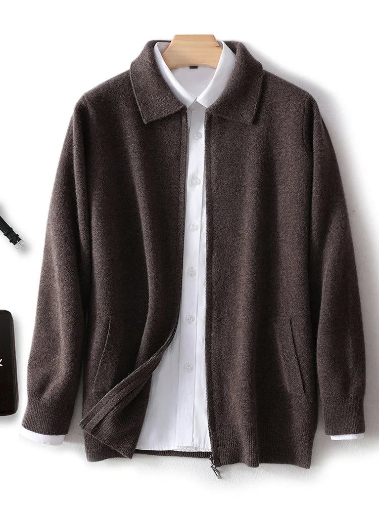 New 100% Pure Wool Knitwear Cardigan Sweater Men's Lapel Zipper Thick Jacket Shirt Collar Smart Casual Knitted Long Sleeve Tops