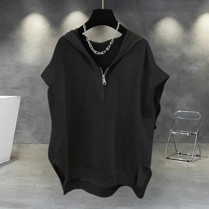 Summer Zipper Hooded Sleeveless T-shirt Men's Korean Fashion Tank Tops 2026 New Y2K Streetwear Casual Vests Hip Hop Tee Shirts