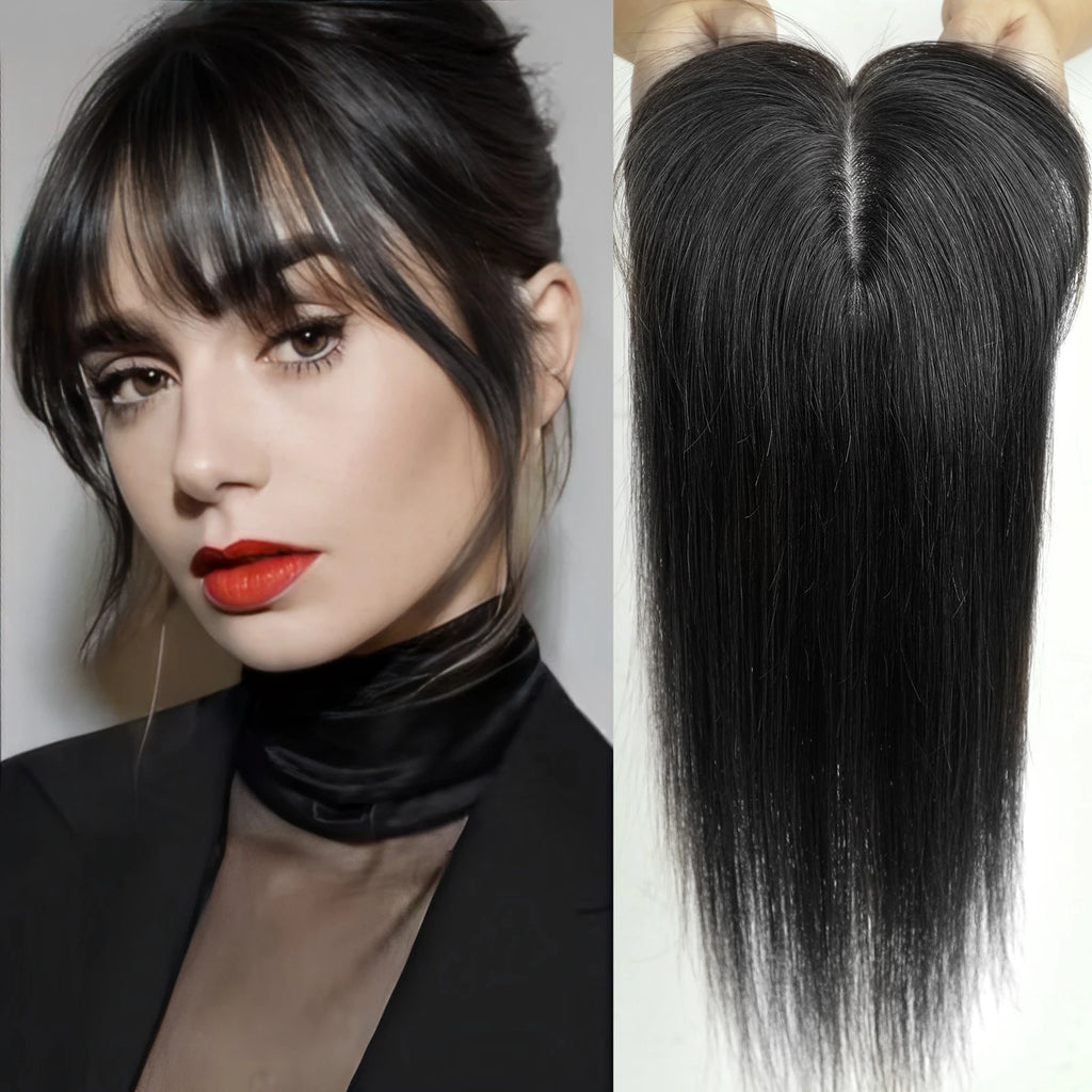 Ombre Brown Real Human Hair Toppers Wigs with Bangs Silk Base Clip Pieces 14inch Straight Topper Hairs for Women Hair Extension