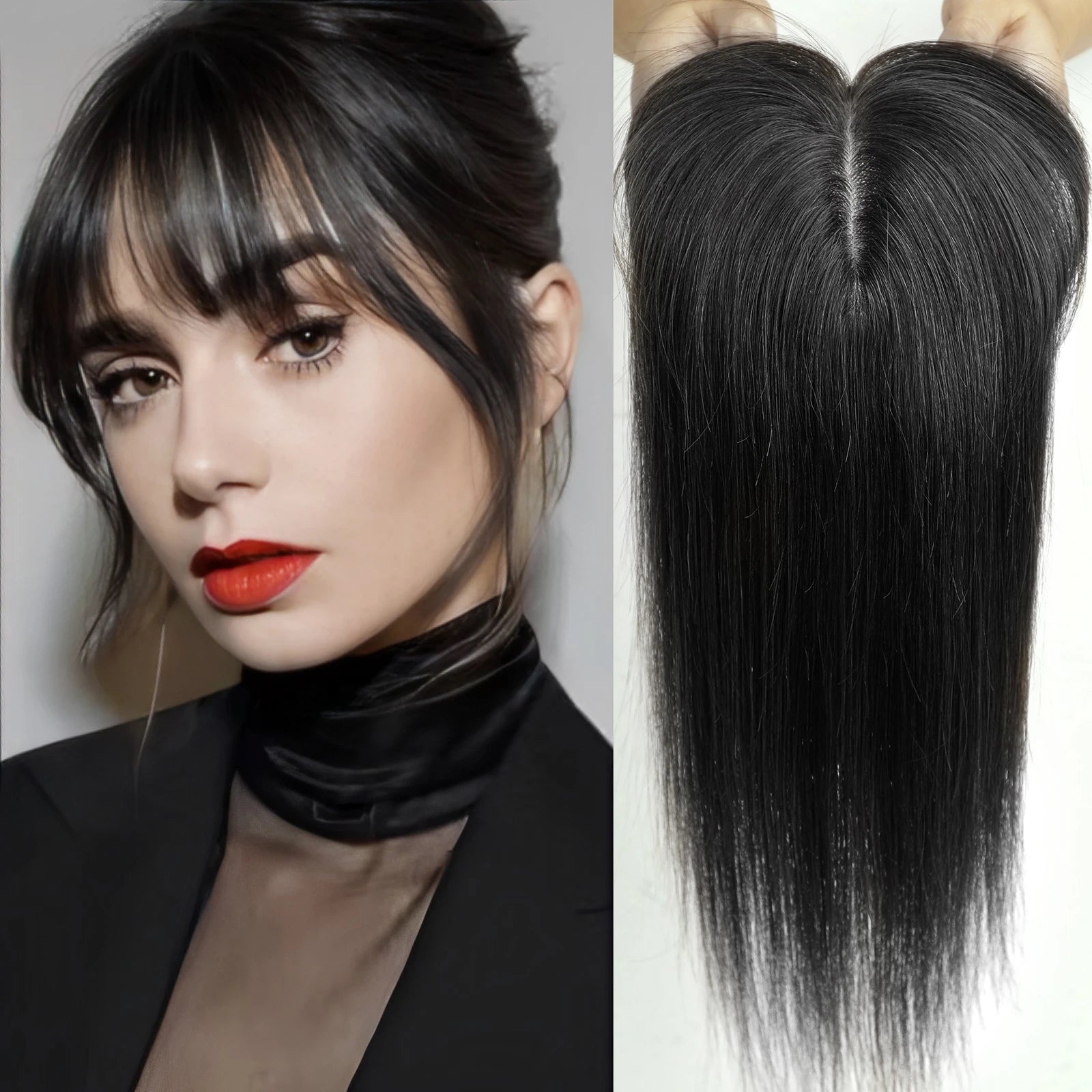Ombre Brown Real Human Hair Toppers Wigs with Bangs Silk Base Clip Pieces 14inch Straight Topper Hairs for Women Hair Extension