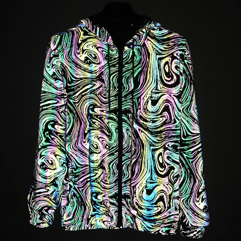Drop shipping Holographic Reflective Jackets Men Techwear Night Walk Dance Hip Hop Breathable Hooded Coat Jaqueta Masculina