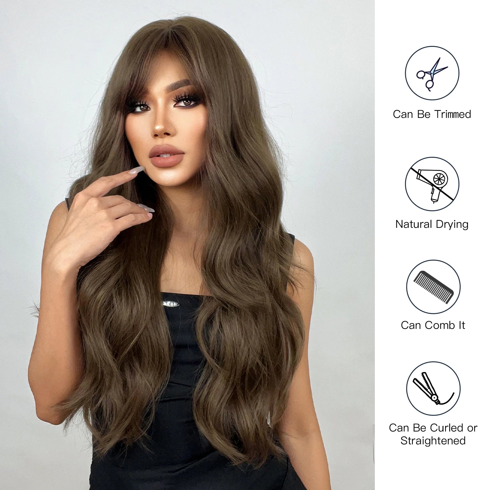 Brown Long Wavy Wig with Bangs Synthetic Natural Wave Hair Wigs for Black Women Afro Cosplay Party Daily Heat Resistant Fibre
