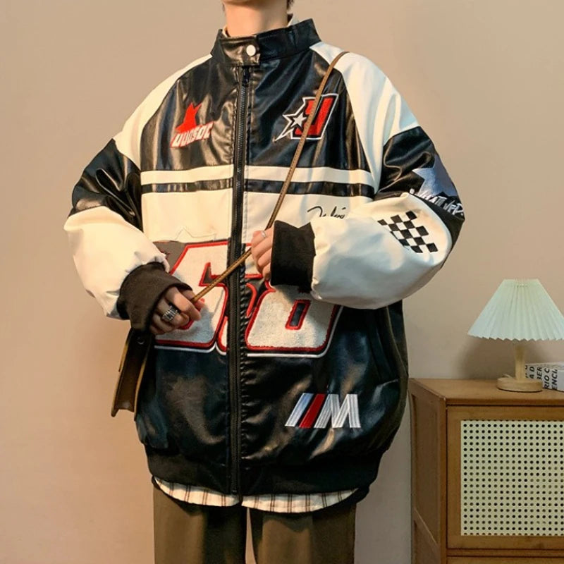 Gmiixder American Hip-hop Racing Coat Motorcycle Leather Jacket Men's Flocked Embroidery Loose Casual Windproof Punk Vibe Jacket