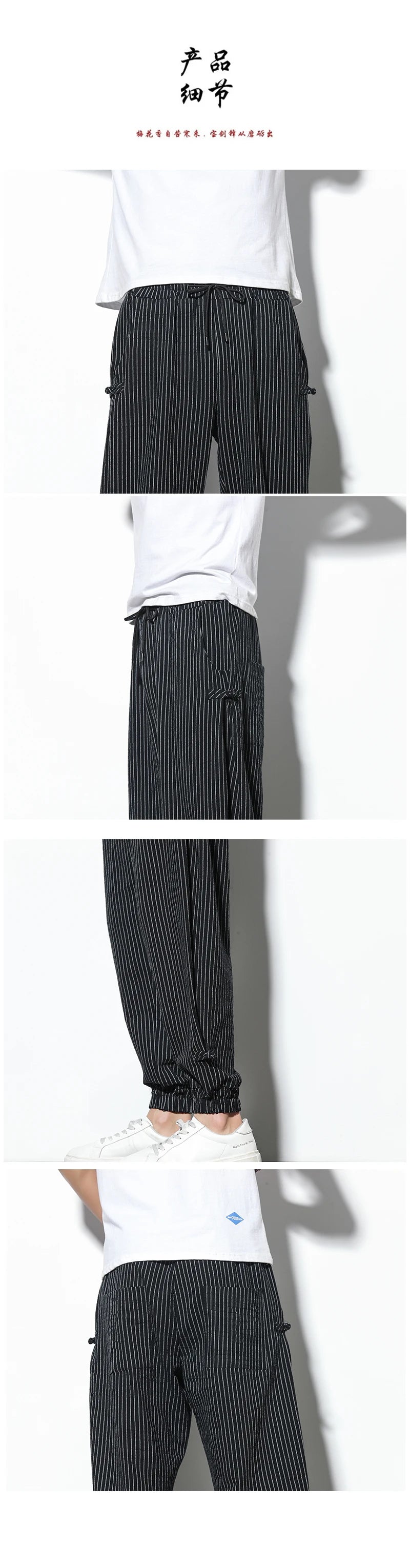 Spring Summer Disc Buckle Striped Harem Pants Mens Breathable Cotton Linen Pencil Pants Buckle Casual Bloomers Fashion Trousers