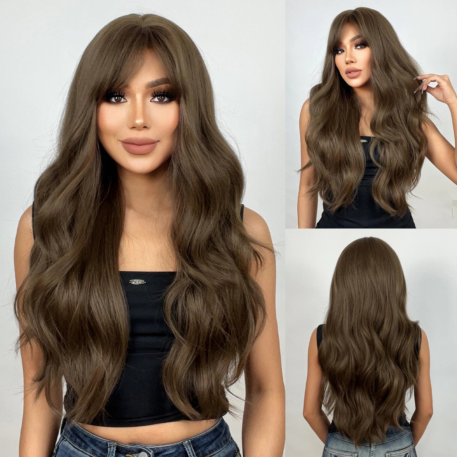 Brown Long Wavy Wig with Bangs Synthetic Natural Wave Hair Wigs for Black Women Afro Cosplay Party Daily Heat Resistant Fibre