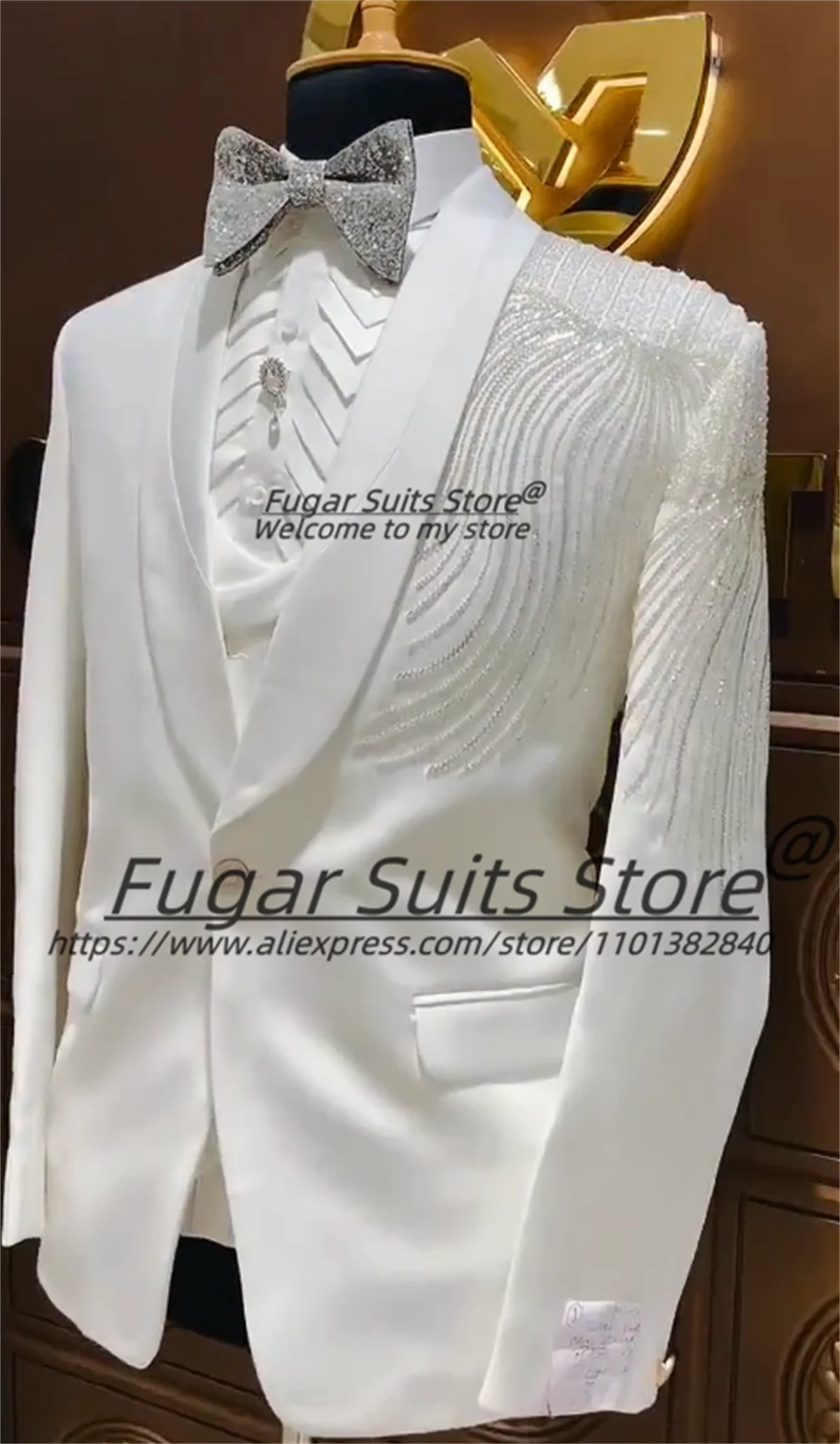 Luxuly White diamond hand embroidery  Men Suits Slim Fit Shawl Lapel Groom Wedding Tuxedos 2 Pieces Sets Male Prom Party Blazers