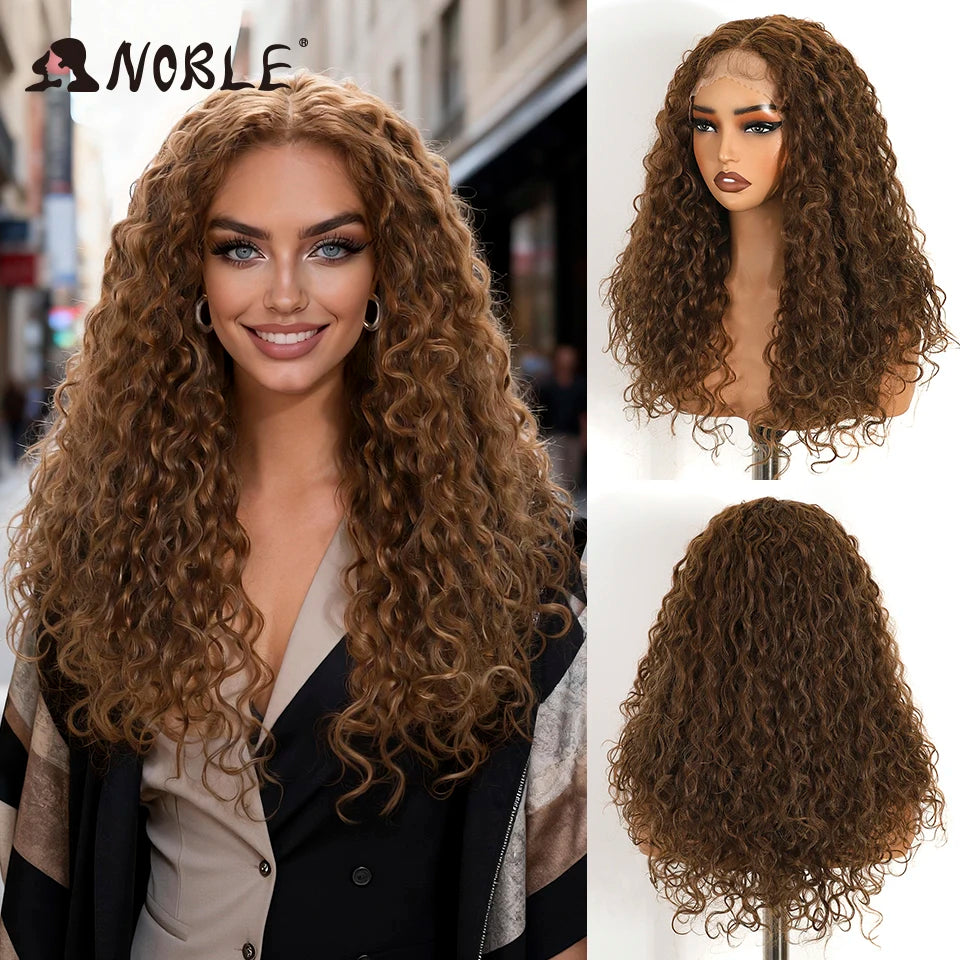 Noble Synthetic Lace Front Wig 22 Inch Curly Lace Part Water Wavy Mixed Brown Lace Wig For Women Lace Front Wigs For Women Wig