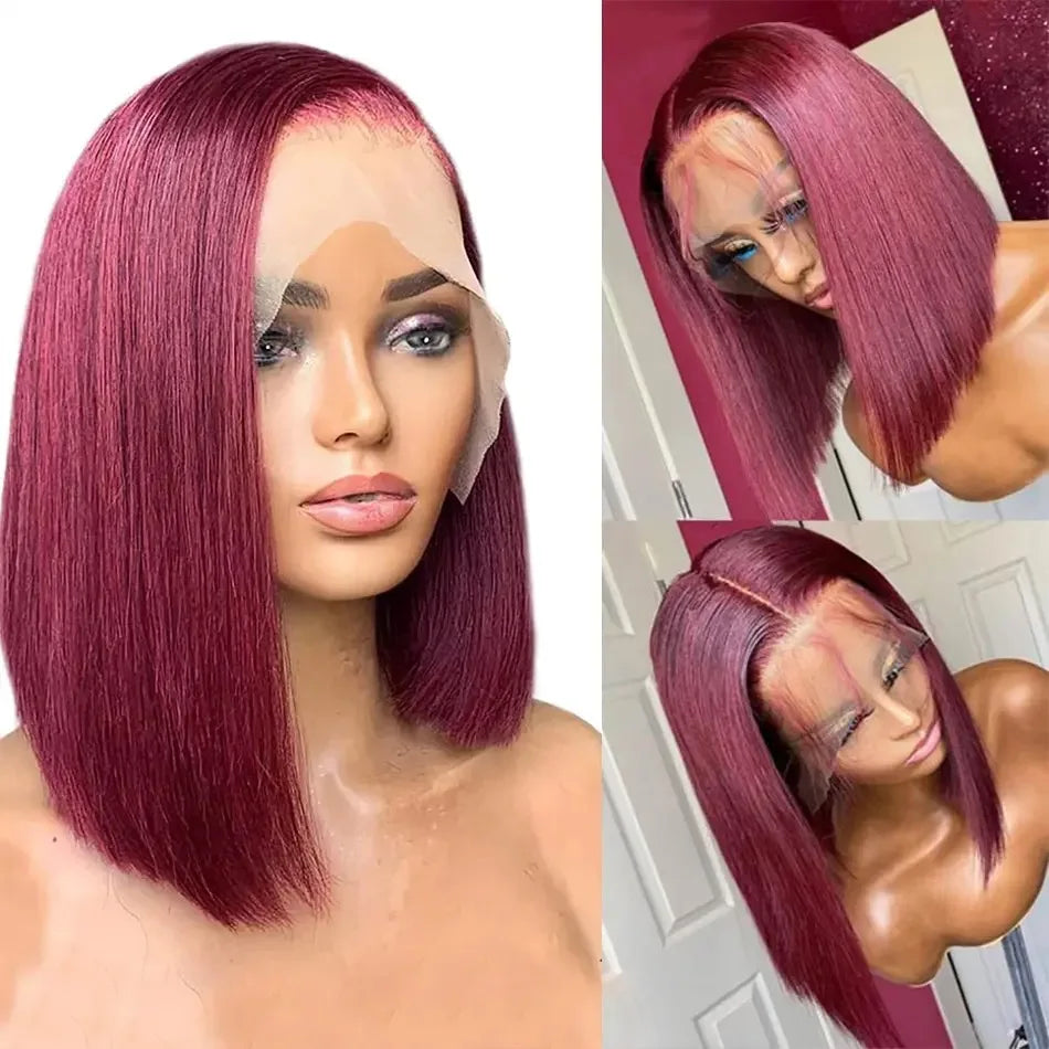 Short Bob Cut 99J Red Burgundy Color Straight 13X4 Lace Front Synthetic Wig For Women Prepluck Bleach Knots Cosplay Daily Party