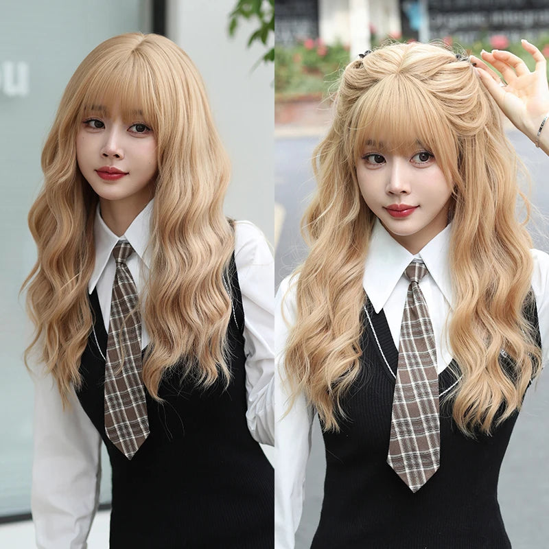 7JHH WIGS Body Wavy Wig Long Loose Curly Brown Wig for Women Daily Use High Density Synthetic Layered Hair Wigs with Bangs