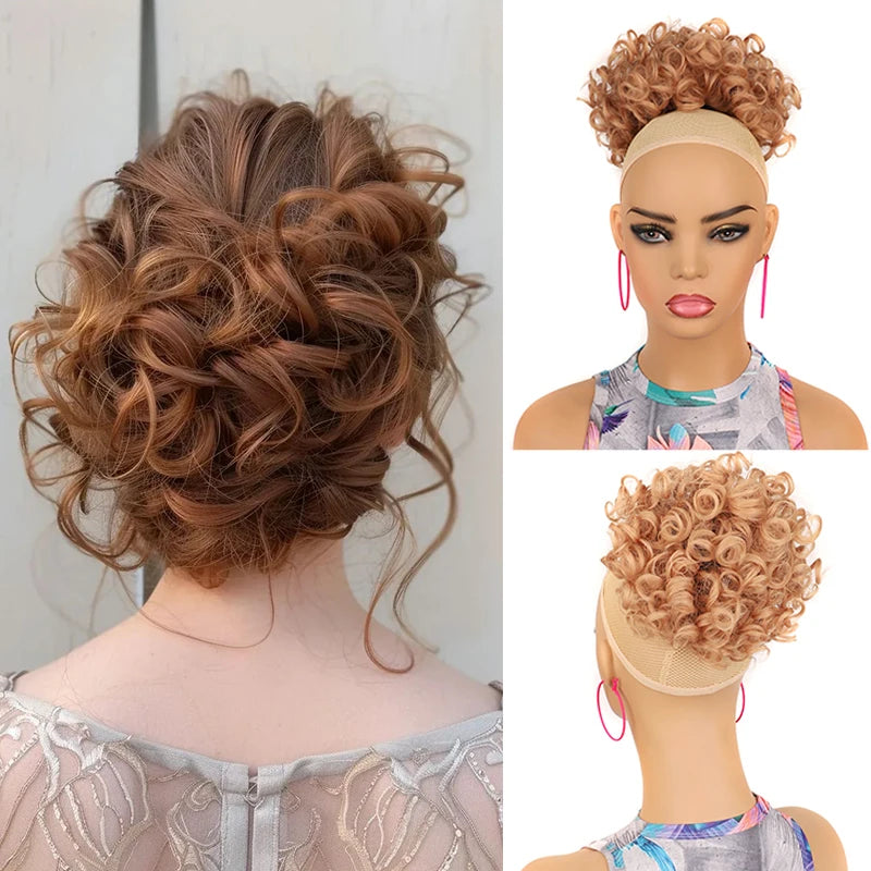 Brown Curly Hair Bun Curly Wave Drawstring Ponytail Buns Extensions for Women Heat Resistant Synthetic Updo Chignon False Hair