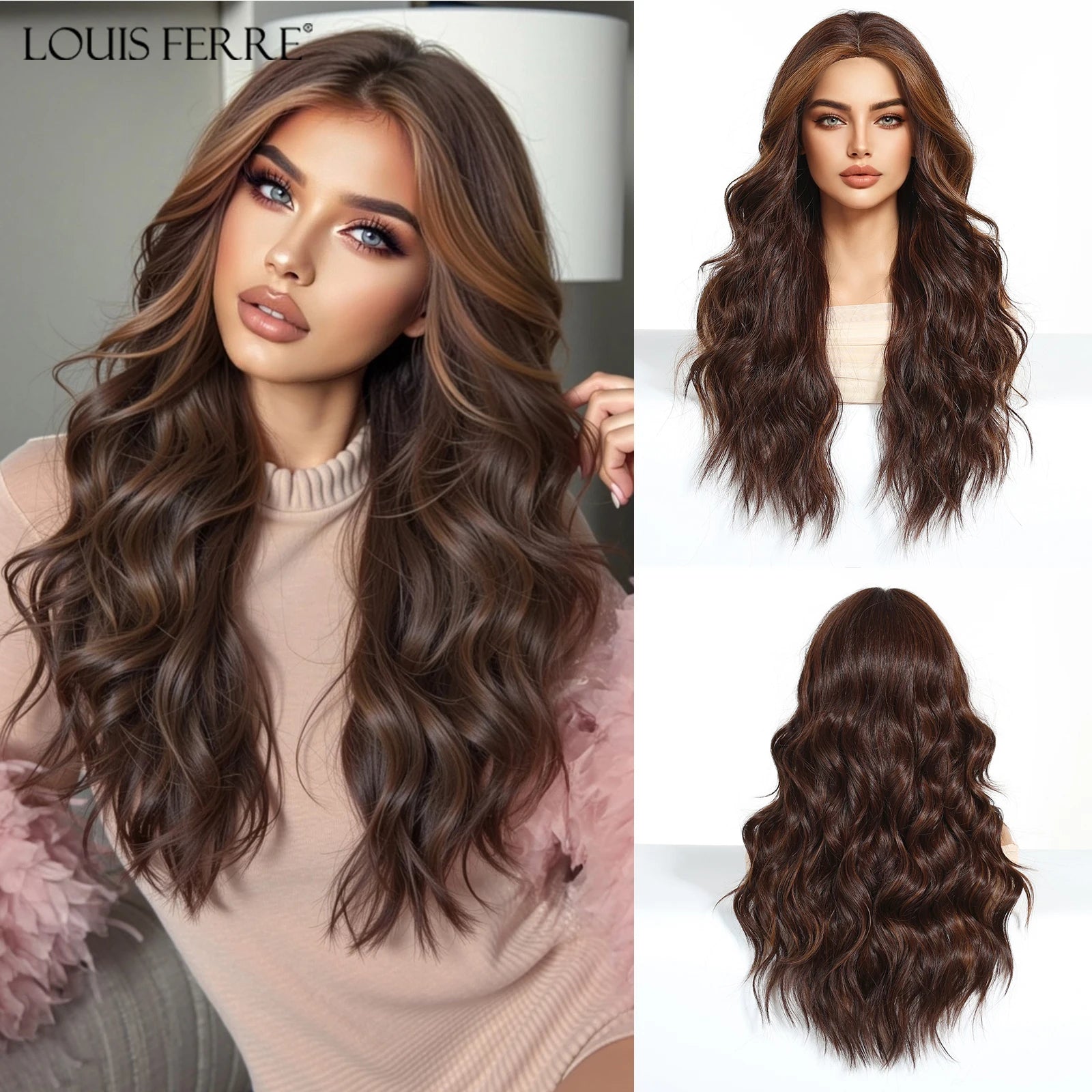 LOUIS FERRE Brown Blonde Highlights Wigs For Women Daily Long Wavy Curly Synthetic Wigs Natural Heat Resistant Hair With Bangs