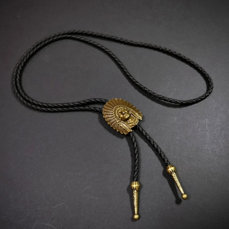 Unisex Metal Pendant Bolo Tie Western Leather Cord Adjustable Necktie Necklace