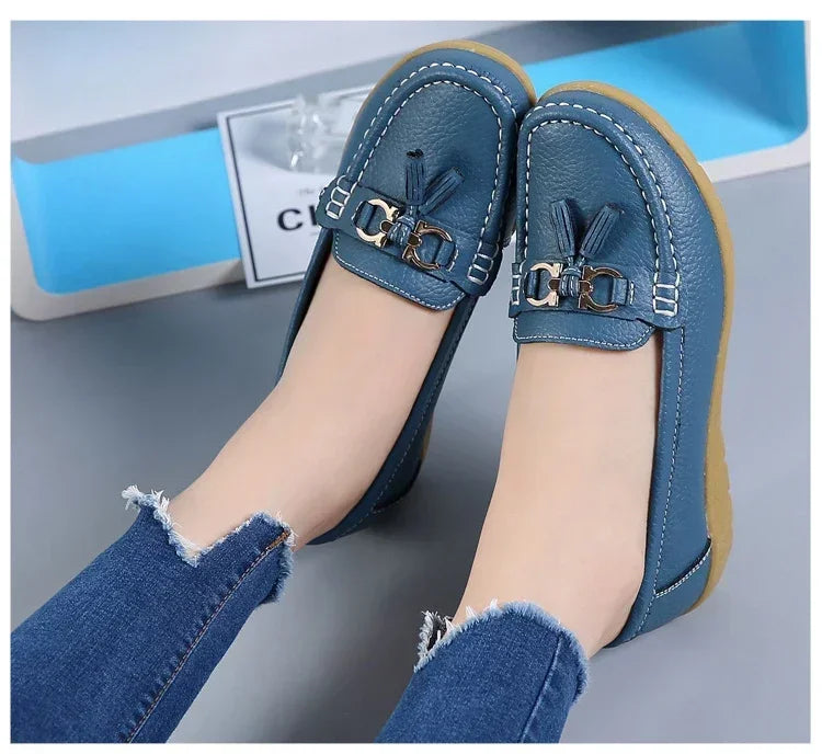 Spring Summer Breathable Casual Loafers For Women Platform Leather Comfort Wedge Moccasins Ladies Vulcanized Sneakers 44