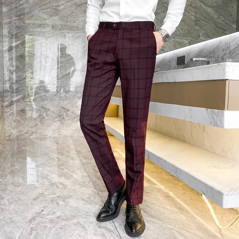 2025 New Burgundy Navy Plaid Casual Suit Pants for Men, Beige/Blue Vertical Stripe Non-Iron Slim Small Leg Work Trousers Men