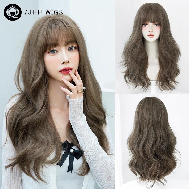7JHH WIGS Loose Body Wavy Brown Hair Wigs with Neat Bangs High Density Synthetic Fashion Wave Wig for Women Natural Looking