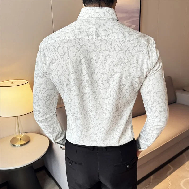 Men Dress Shirt 2024 Solid Casual Long Sleeve Slim Fit Print Shirt Fashion Formal Social Banquet Tuxedo Wedding Men Clothing