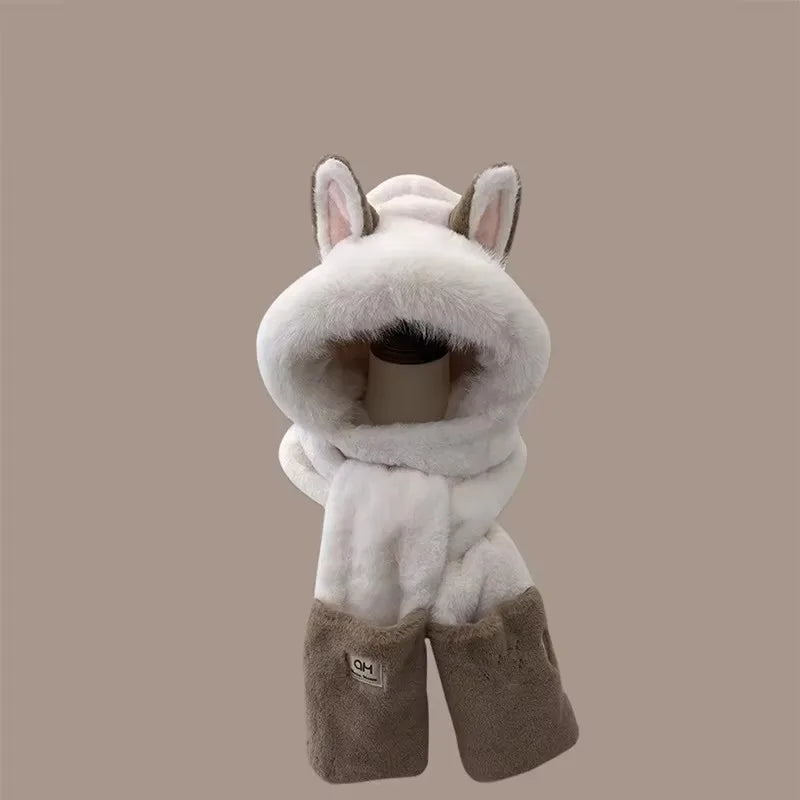 Winter new outdoor fox warm ear protection scarf, furry and fashionable one-piece plush hat