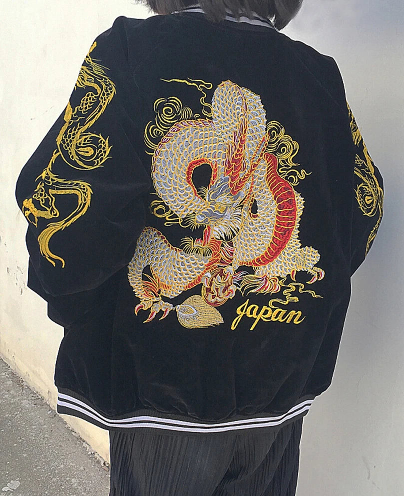 Unisex Spring Autumn Velveteen Baseball Jacket Men Women Luxury Sukajan Dragon Embroidery Bomber Coat Japanese 2026 Z1