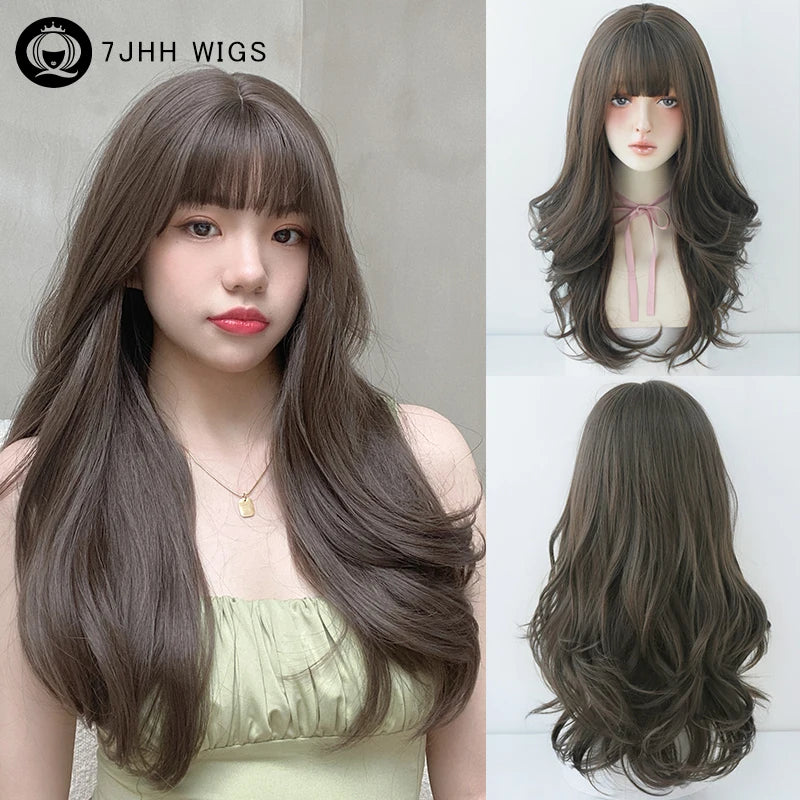 7JHH WIGS Loose Body Wavy Brown Hair Wigs with Neat Bangs High Density Synthetic Fashion Wave Wig for Women Natural Looking