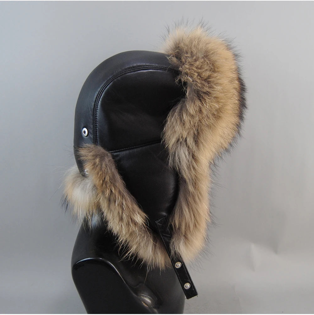2026 Unisex Outdoor Windproof Winter Natural Real Fox Fur Bombers Hats Women Raccoon Fur Cap Luxury Real Sheepskin Leather Hat