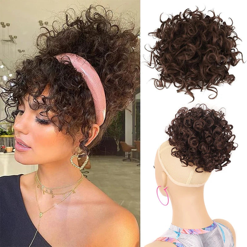 Brown Curly Hair Bun Curly Wave Drawstring Ponytail Buns Extensions for Women Heat Resistant Synthetic Updo Chignon False Hair