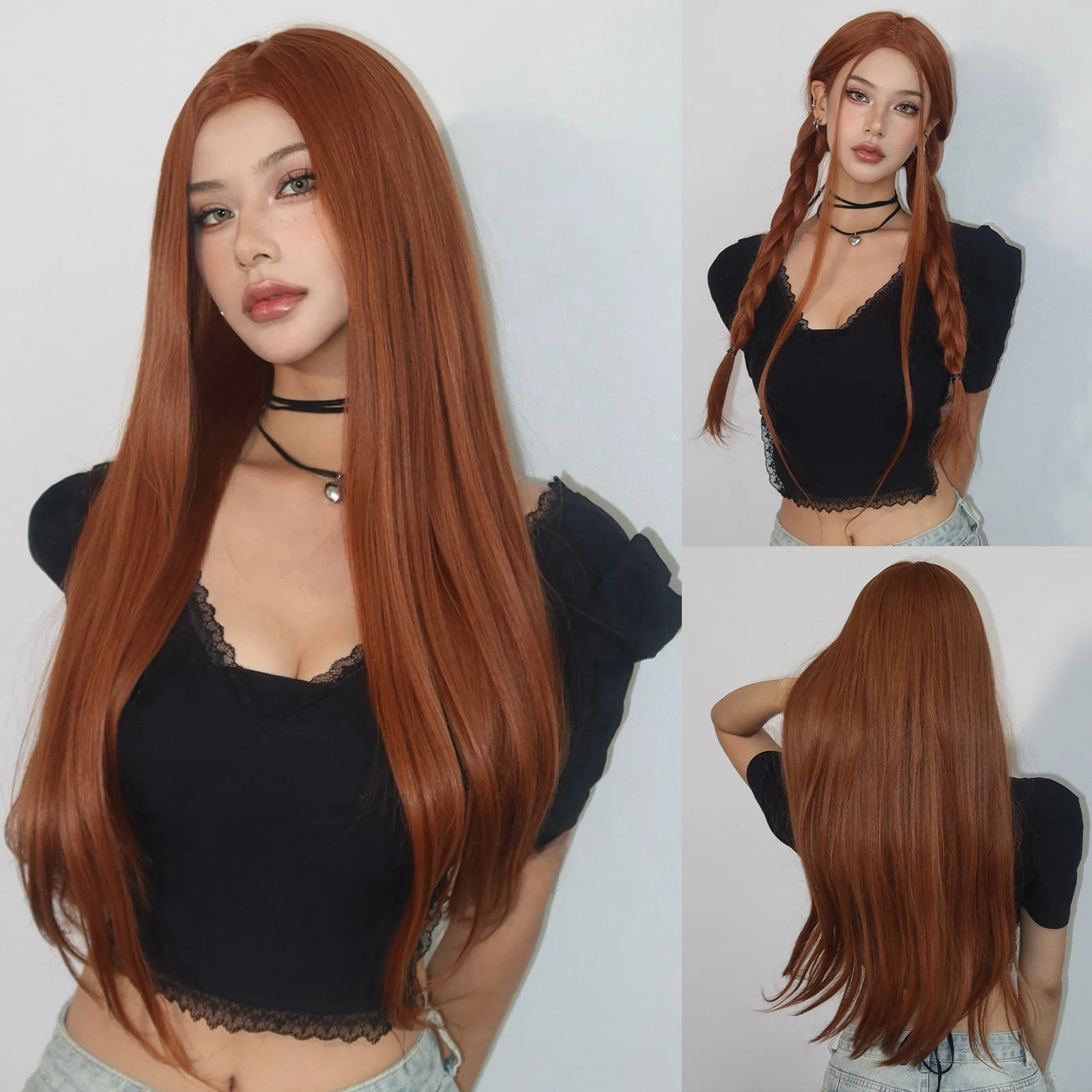 EASIHAIR Brown Straight Layered Wigs for Women Long Natural Hair Synthetic Wigs With Bangs Daily Use Party Heat Resistant Wigs