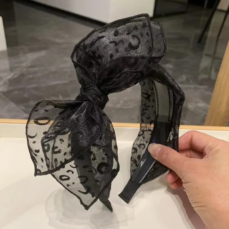 Vintage Leopard Print Hairband for Women Handmade Bow Hair Hoop Mesh Hair Bow Headbands Female Hair Accessories