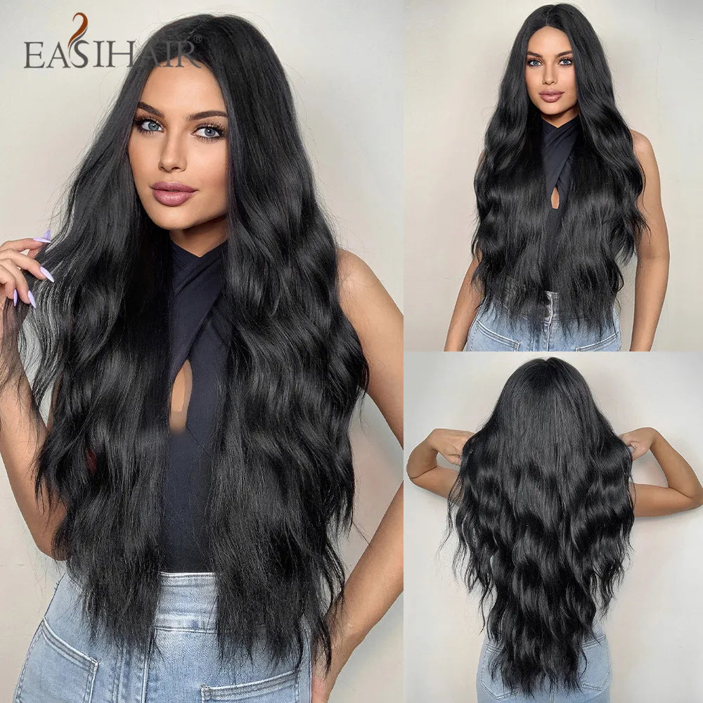 EASIHAIR Ombre Brown Light Blonde Platinum Long Wavy Middle Part Hair Wig Cosplay Natural Heat Resistant Synthetic Wig for Women