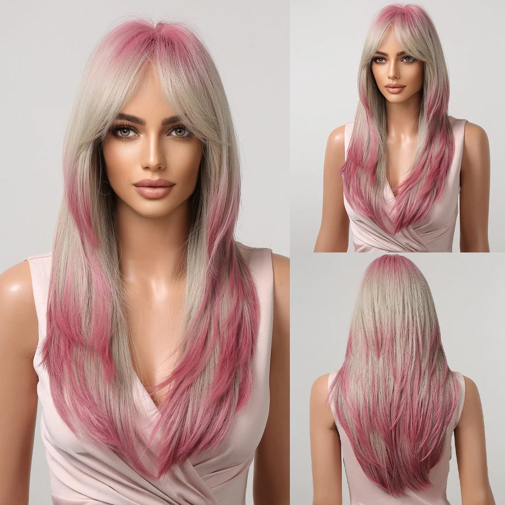 ALAN EATON Long Straight Layered Synthetic Wigs with Bangs Blonde Highlights on Brown Wigs for Black Women Afro Daily Party Hair