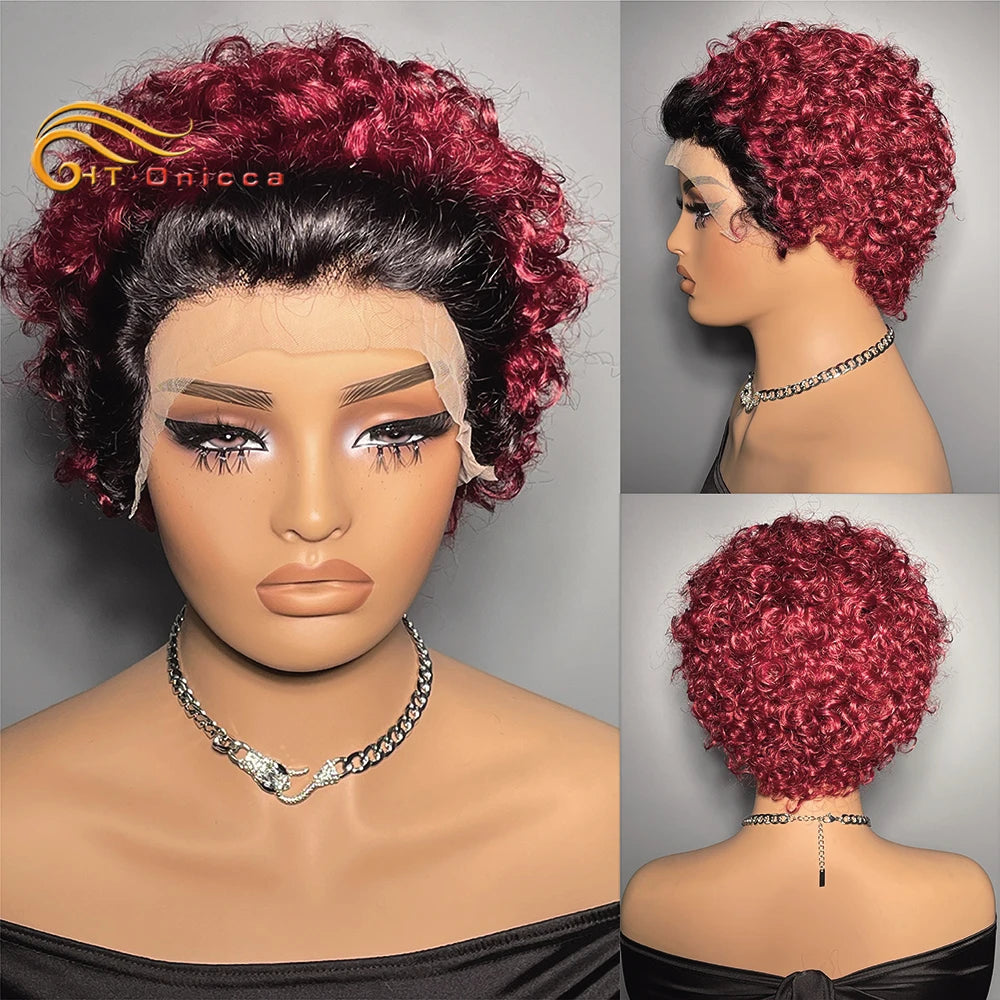 Curly Human Hair Wig Short Bob Pixie Cut Wig Human Hair For Women Brazilian Water Wave 13x1 Transparent Lace Wig