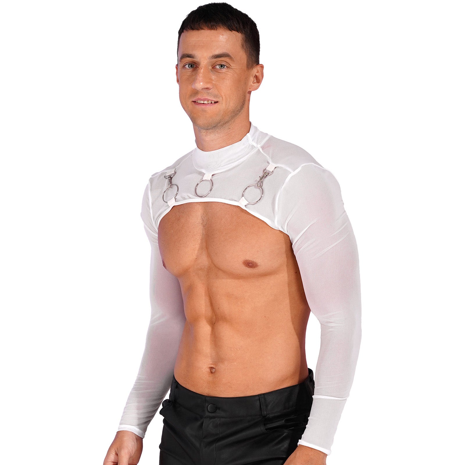 MSemis Male Mens Transparent Moto Sexy Tops Long Sleeve O-Ring Decor T-Shirt See-Through Mesh Half Crop Top Party Clubwear