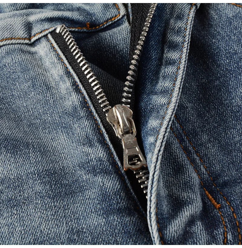 Men Leather Patches Denim Jeans Streetwear Holes Ripped High Stretch Pants Light Blue Skinny Tapered Trousers